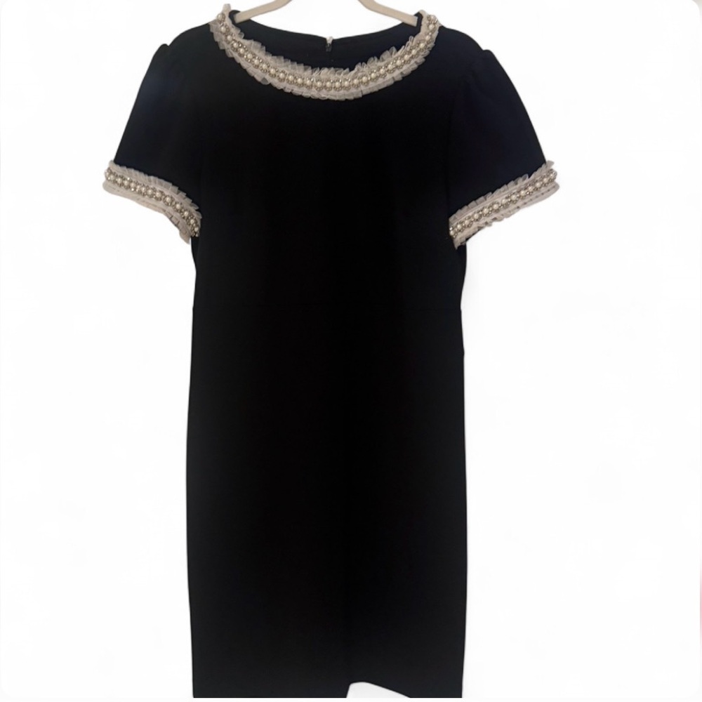 Black Short Sleeve Pearl and Tulle Trim Mini Dress